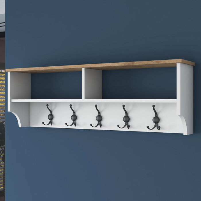 Hanah Home P2 - 2460 Perchero Recibidor con Almacenamiento y Ganchos de Metal, Blanco y Nogal, 120x37.2x22.2 cm